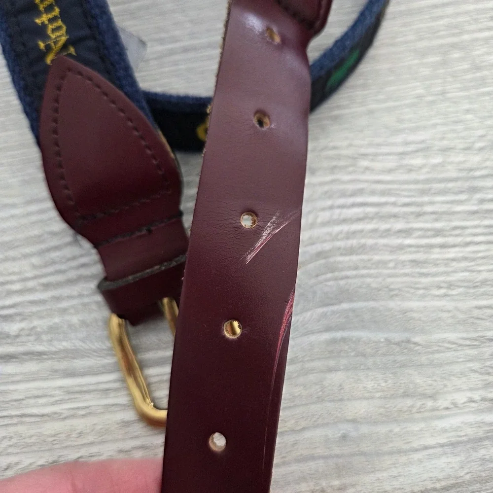 Notre Dame Belt Navy Blue Leather Canvas Embroidered Mens Medium